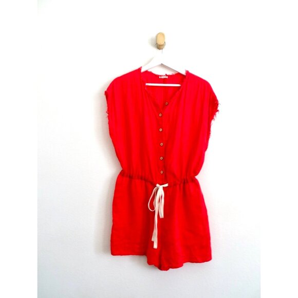 NEW! Intimately Free People 100% Linen Romper Button Front Tie Waist Red SZ S - Picture 3 of 7